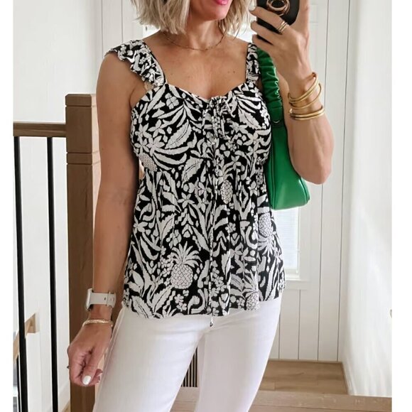 New LOFT Black & White Pineapple Ruffle Tie Neck Halter Top Sleeveless Blouse M - Picture 6 of 9